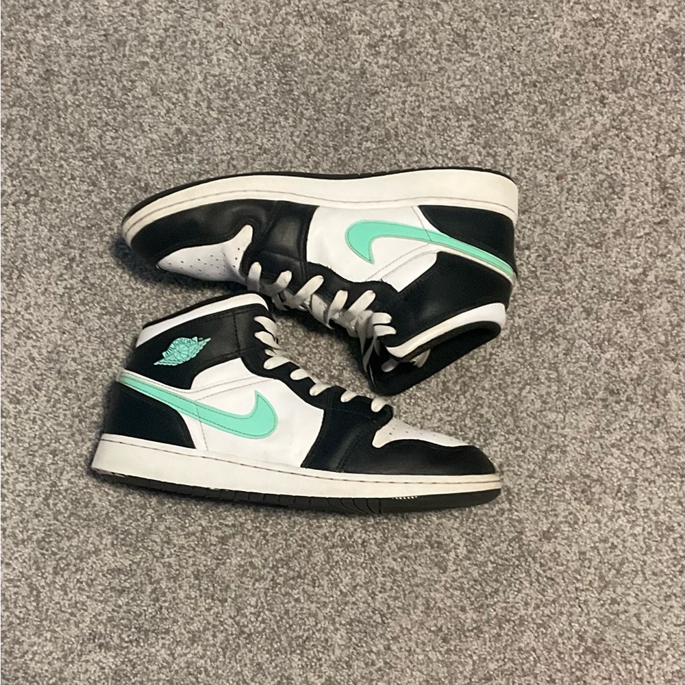 Nike Jordans, white, black, and mint